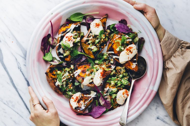 Charred Sweet Potatoes with Butter Bean Hummus & Lentil Salad — Green Kitchen Stories