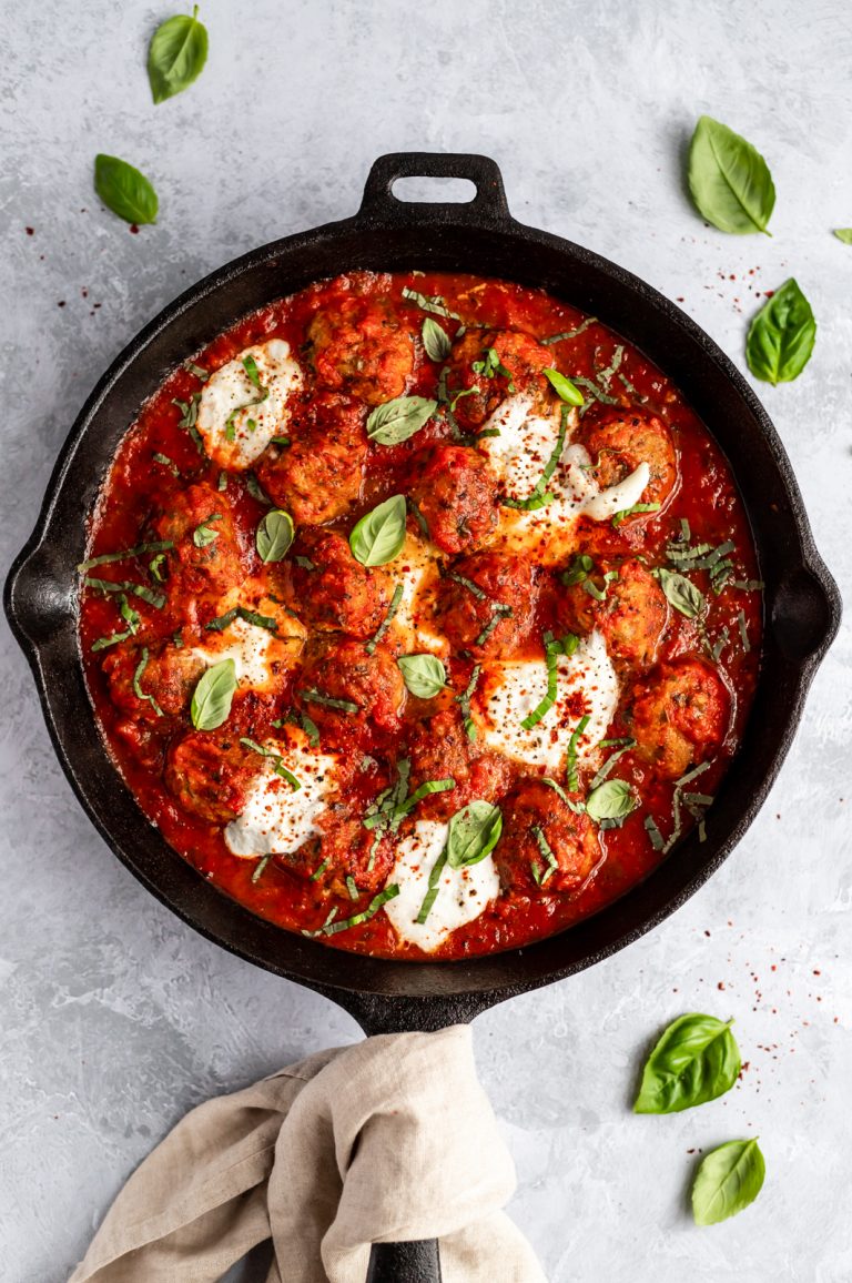 Turkey Meatballs in Tomato Basil Sauce with Burrata