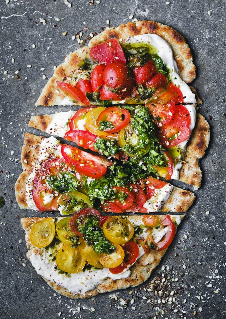 Oat & Yogurt Flatbread with Green Sauce and Tomatoes